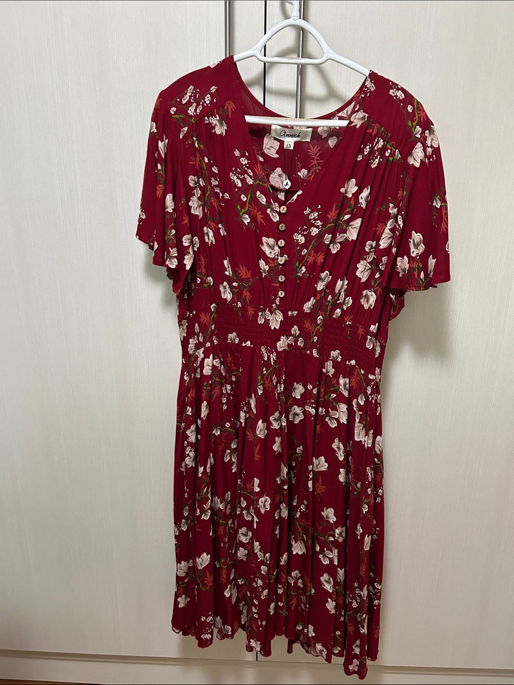 Burgundy Floral V-Neck Smocked Midi Dress